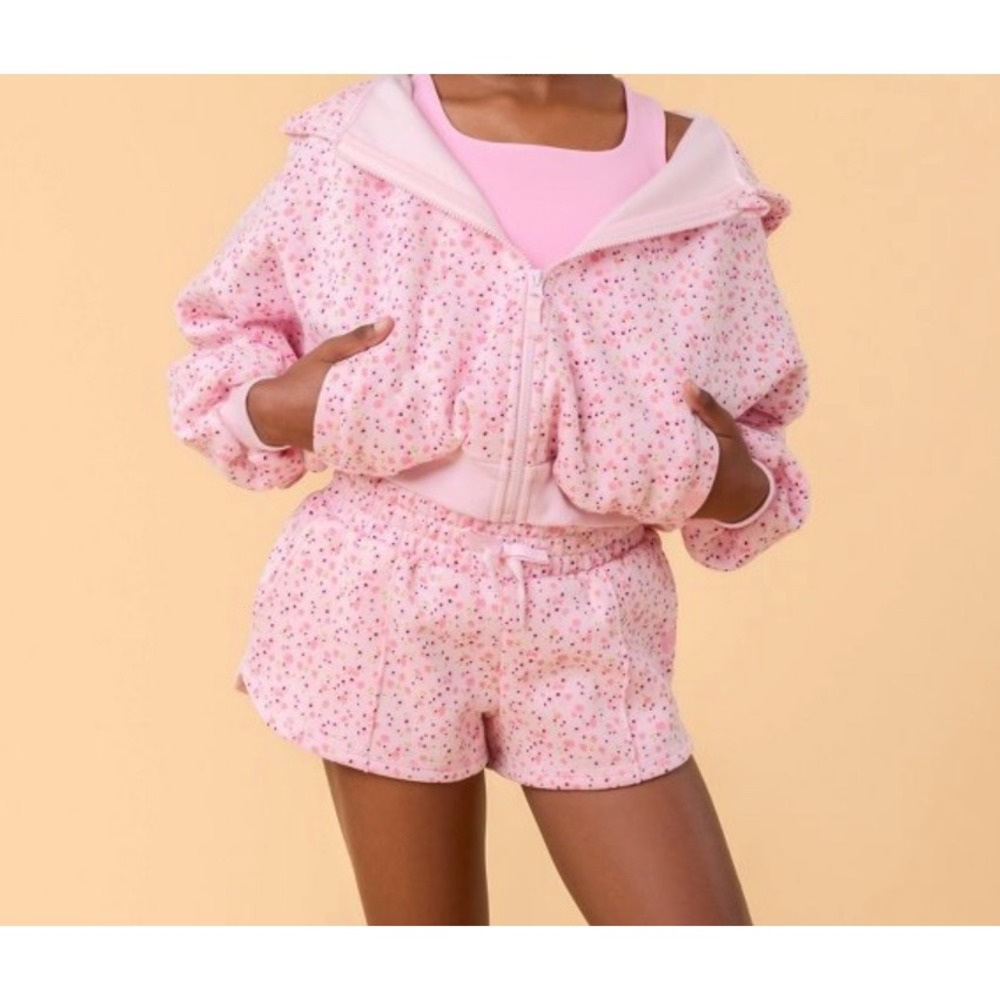 Blogilates Girls Marshmallow Hoodie Pink Floral Print Zip Up Size M 8 NWT